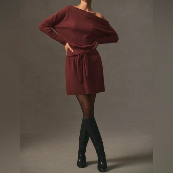 Anthropologie One Shoulder Rust Tie Waist Wool Blend Sweater Dress Size Large - Picture 7 of 11